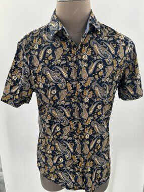 Consequence Men’s Navy Yellow Paisley Button Front Camp Shirt Large Casual